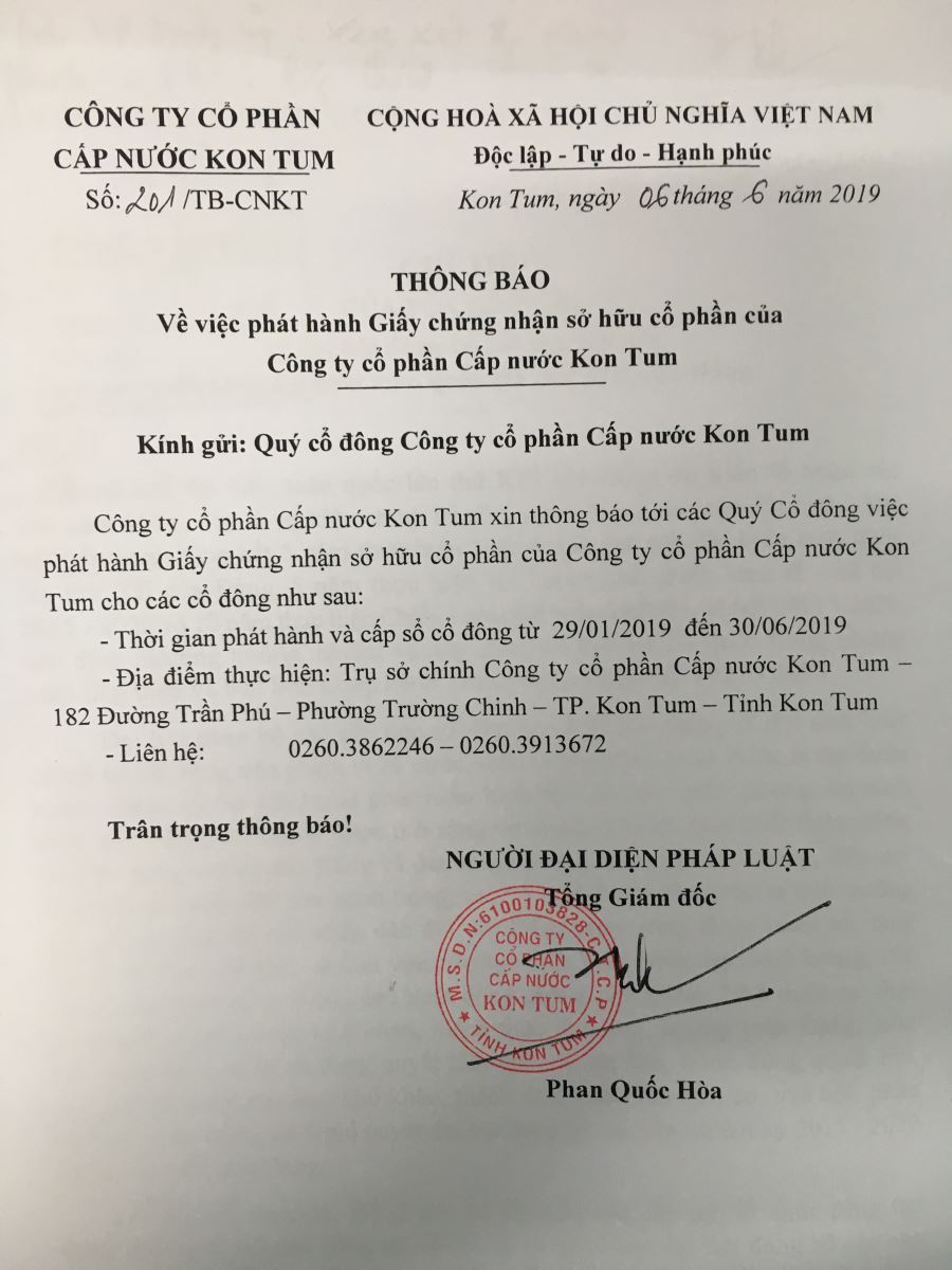 thông báo phát hành GCN sở hữu cổ phần của Công ty cp Cấp nước Kon Tum